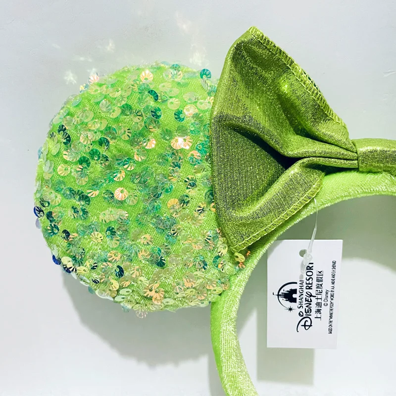 New Disney Green Plush Soft Mickey Minnie Ear Headband For Adults Clear Shell Sequins Headband Minnie Park Accessories Headwear