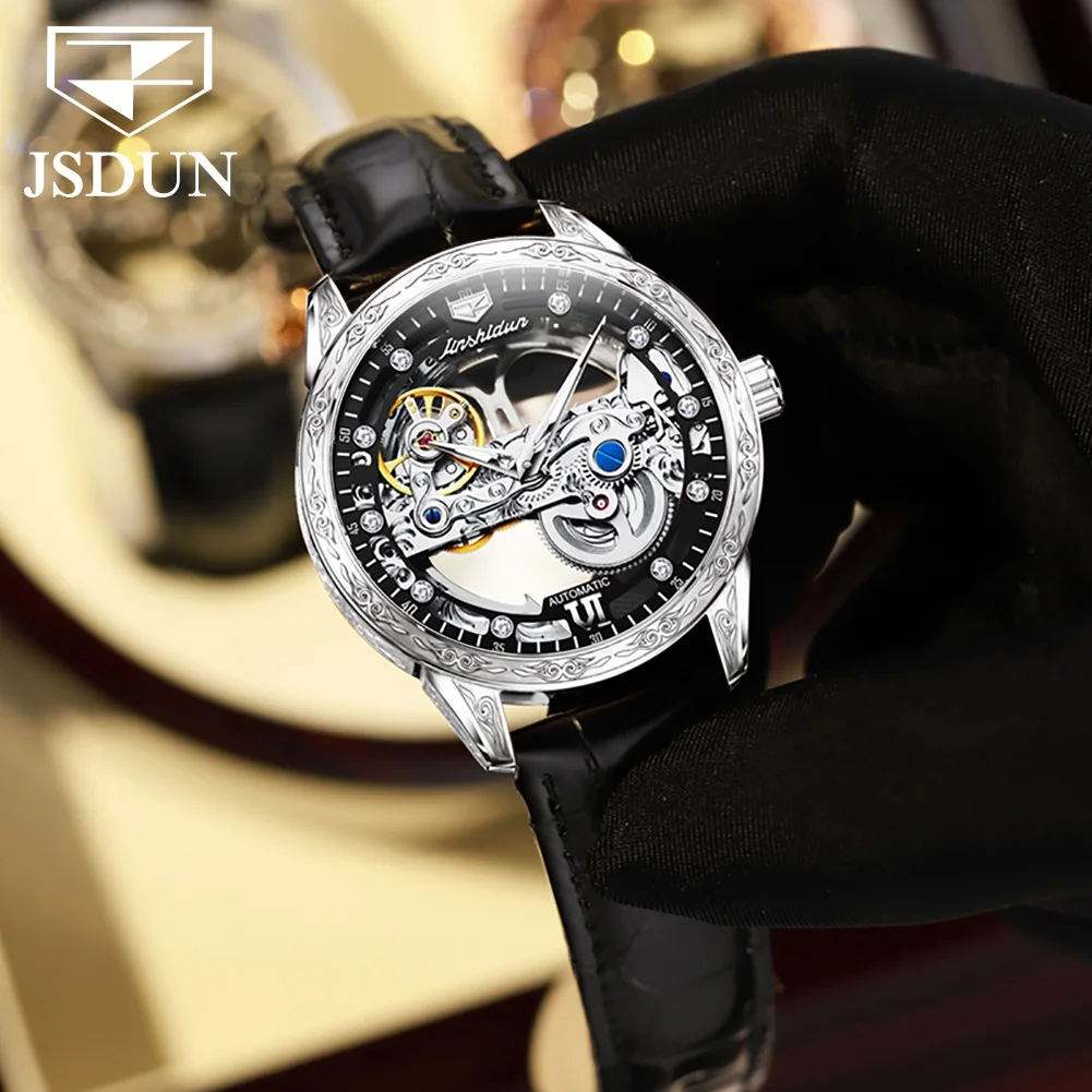JSDUN-ساعة ميكانيكية أوتوماتيكية للرجال ، مرآة ياقوت ، مقاومة للماء ، حزام جلدي ، كلاسيكي ، أنيق ، علامة تجارية فاخرة ، أزياء