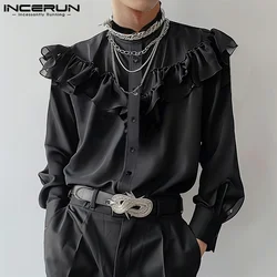 INCERUN Tops 2024 Korean Style Fashion Men Ruffle Design Shirts Casual Party Shows Male Hot Sale Solid Long Sleeved Blouse S-5XL