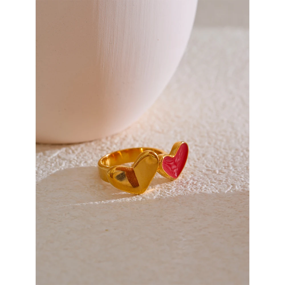 Yhpup 678# Stainless Steel Red Enamel Heart Stylish Ring 18K Gold Color Plated Romantic Valentine\'s Day Gift Smooth Jewelry
