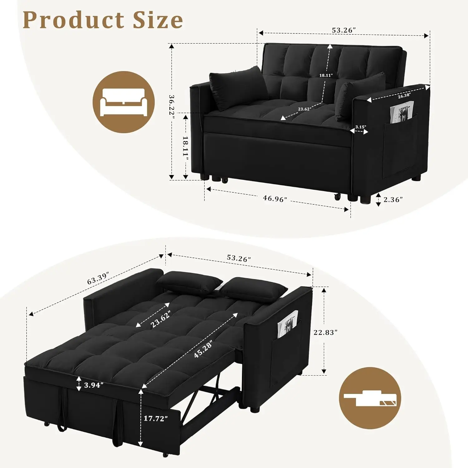 Sofá-cama, cama removível 3 em 1 conversível de 55 polegadas com bolsos laterais Sofá-cama de tecido de veludo com B ajustável