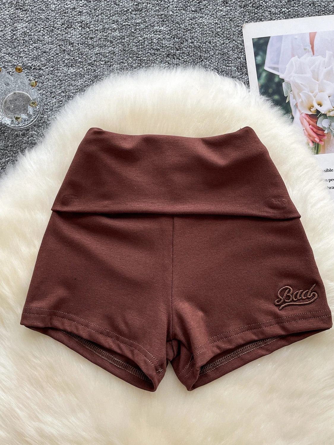 Foamlina Folded High Waist Shorts Women Fashion Solid Letters Embroidery Slim Stretch Tight Shorts Comfortable Workout Shorts
