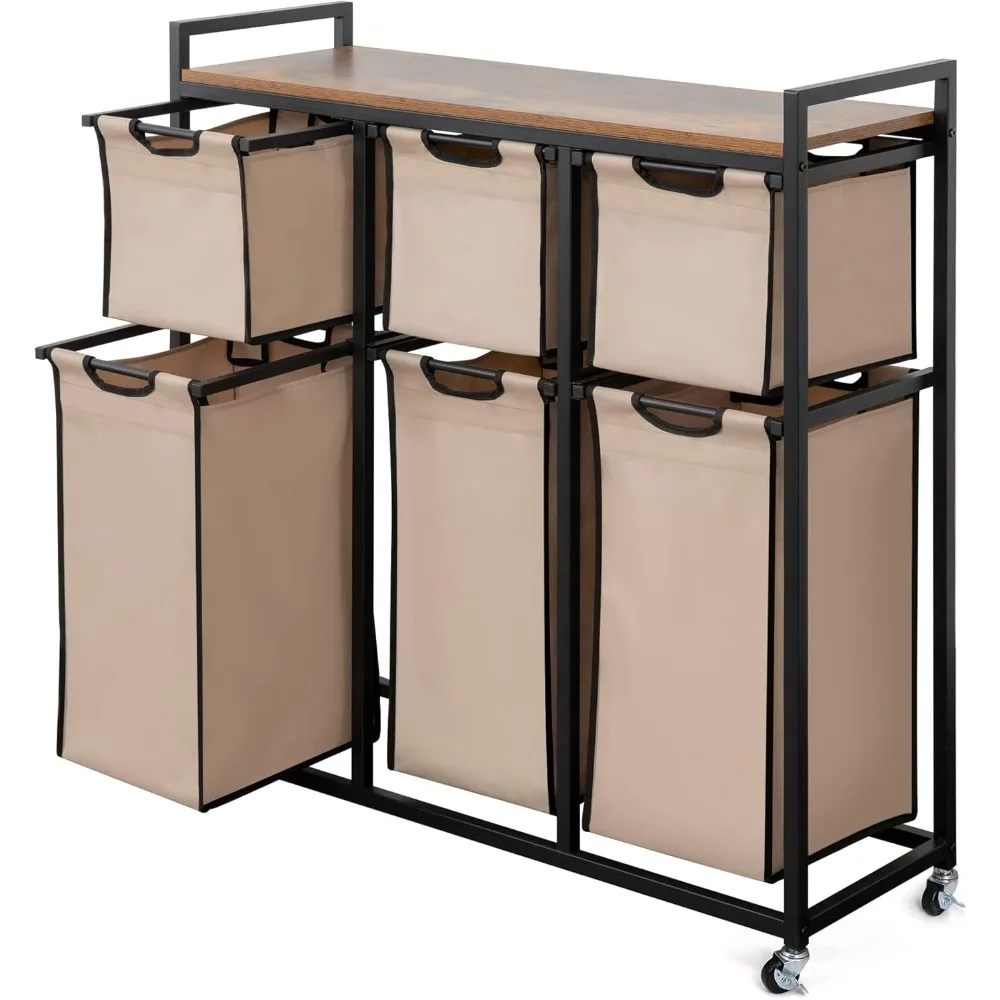 

Hampers for Laundry 6 Compartments, Laundry Hamper with 6 Sliding Laundry Sorter Bags, Top Storage Shelf, and Metal Frame