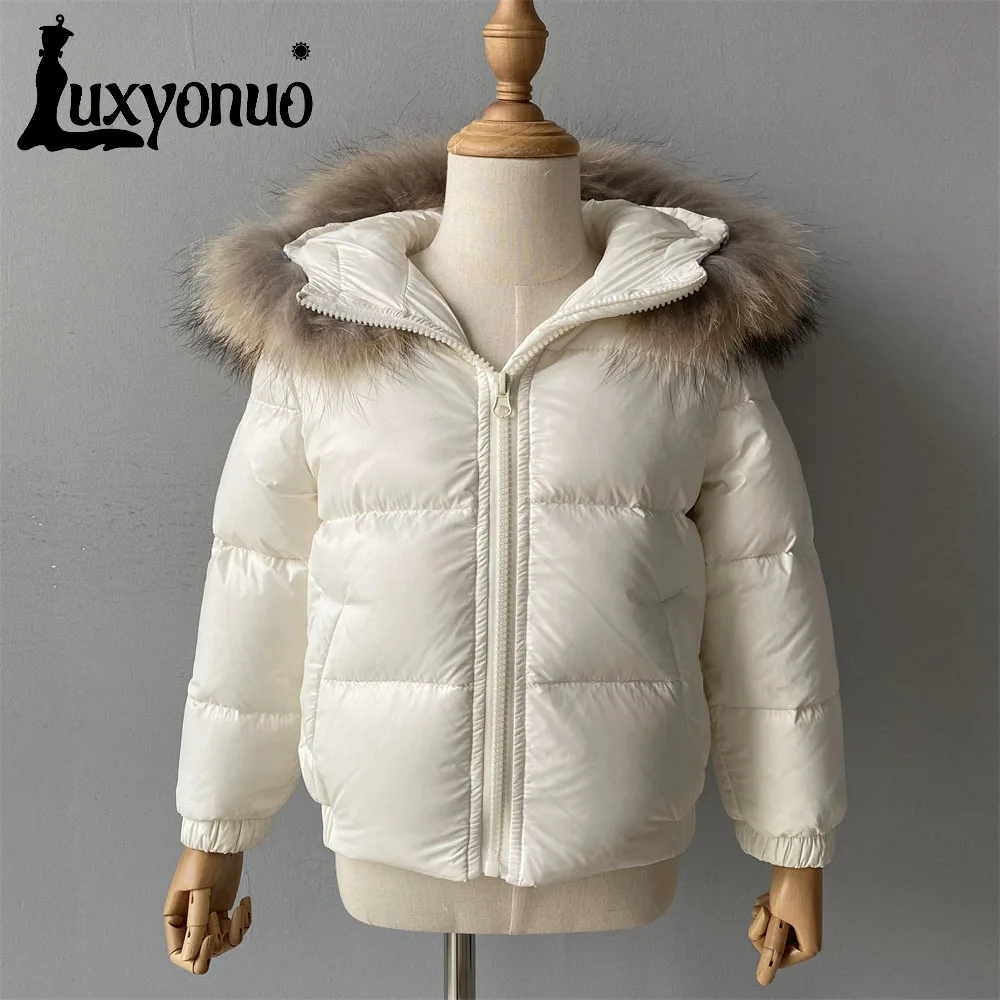 Luxyonuo Girl Child Down Jacket Winter Warm White Duck Down Coat With Real Raccoon Fur Collar Boy Baby Solid Color Hooded Jacket