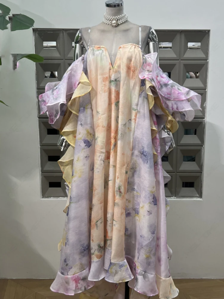 

High End Heavy Industry Vacation Style Strapless Dress, Oversized Loose Ruffle Print Backless Sexy Long Skirt