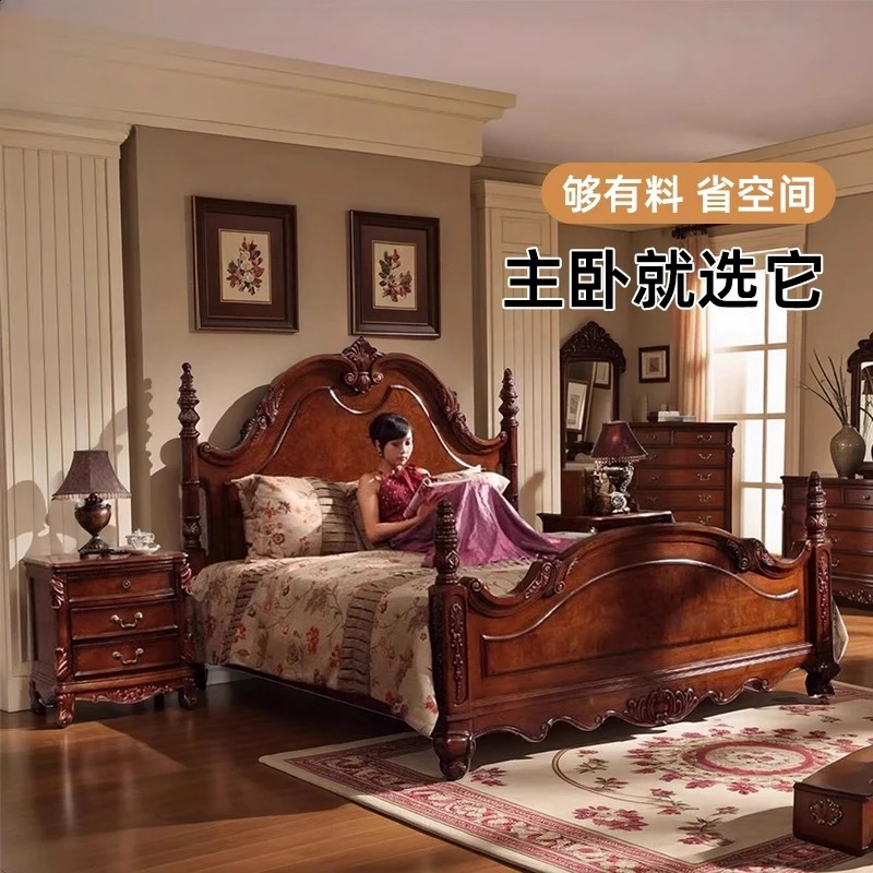 

American country full solid wood double bed 1.8 meters large bed retro high-end European retro Roman column master bedroom bed