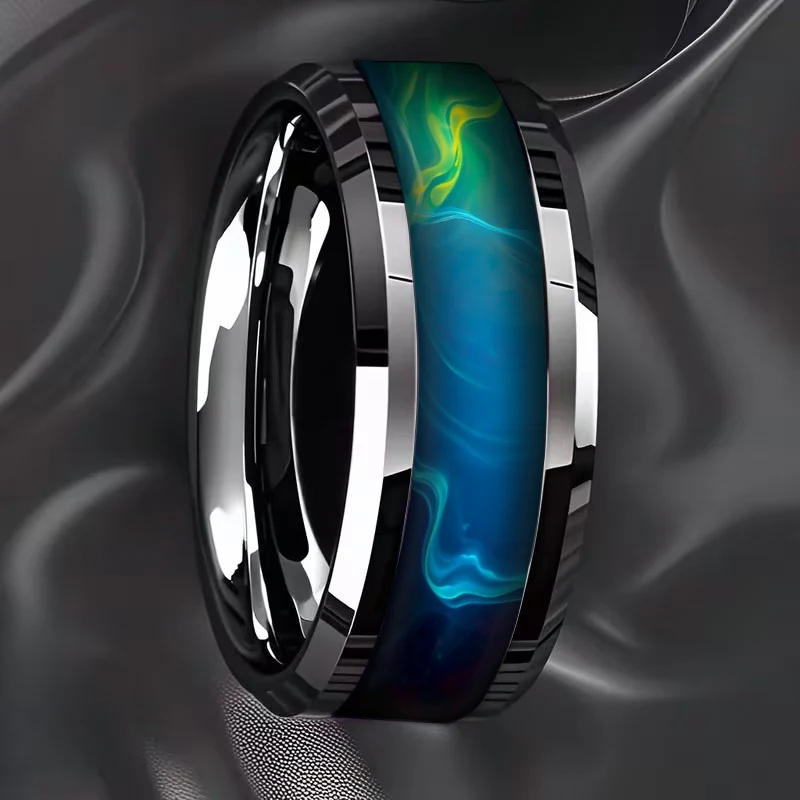 Wholesale 8MM Green Stainless Steel Rings Men Women High Polished Wedding Band Engagement Double Beveled Stainless Steel Ring