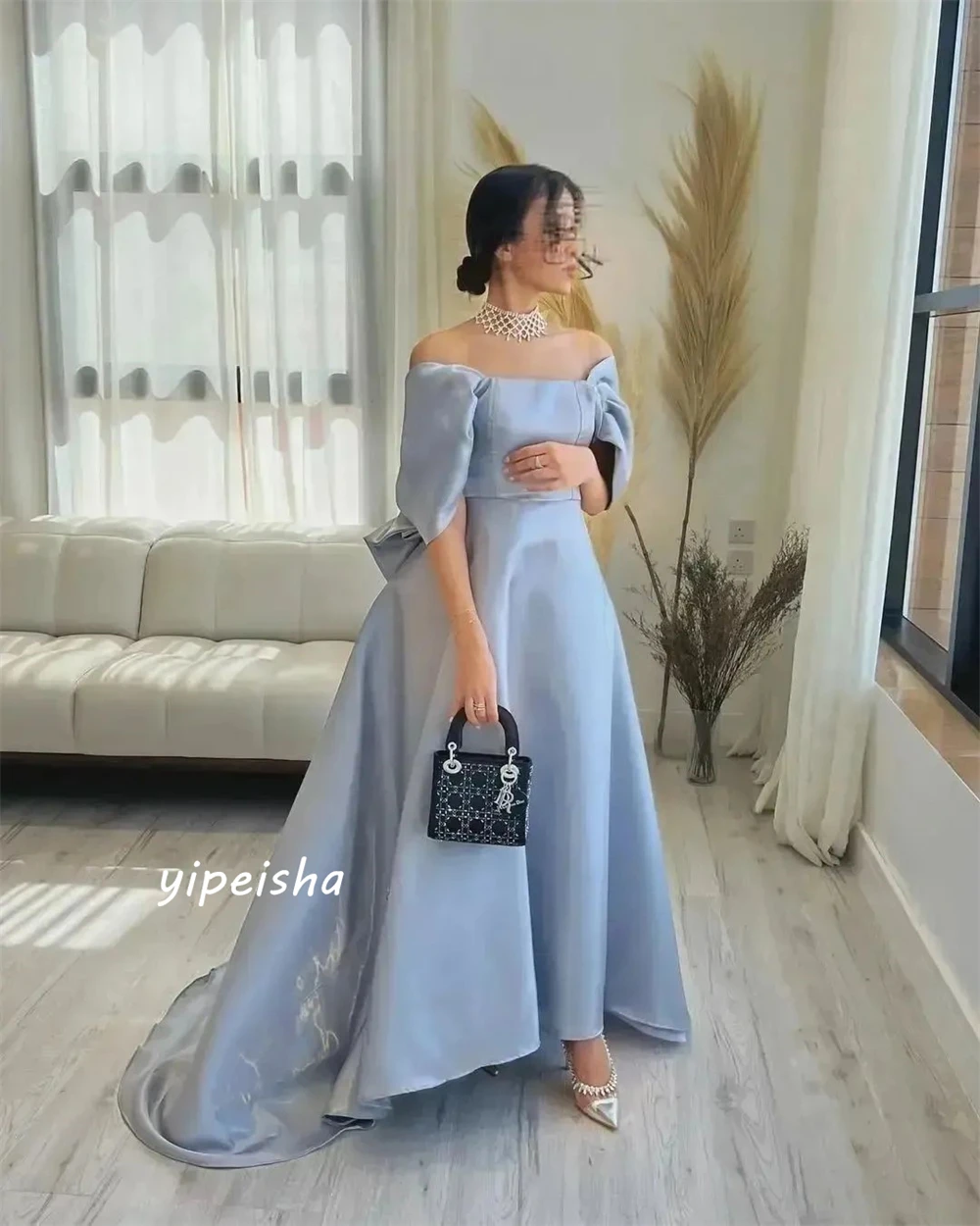 ที่กําหนดเองง่ายพรหมเซ็กซี่ Casual Off-the-shoulder Ball Gown อย่างเป็นทางการโอกาส Bows ความยาวกระโปรง Charmeuse ชุดราตรี Dres