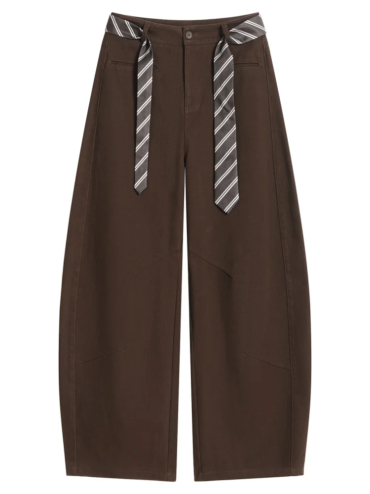 Pantaloni da lavoro casual Cé Brown Pantaloni da donna autunno inverno a gamba larga a gamba dritta Pantaloni drappeggiati americani a vita alta con dettaglio ket