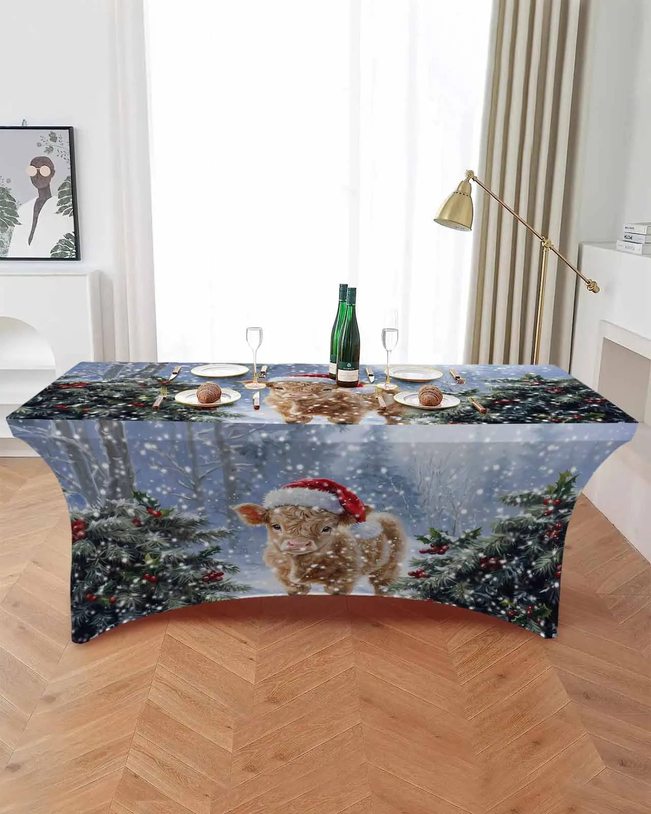 

Oil Painting Christmas Hat Highland Cow Elastic Table Skirt Wedding Birthday Table Decoration Table Skirt Tablecloth for Party