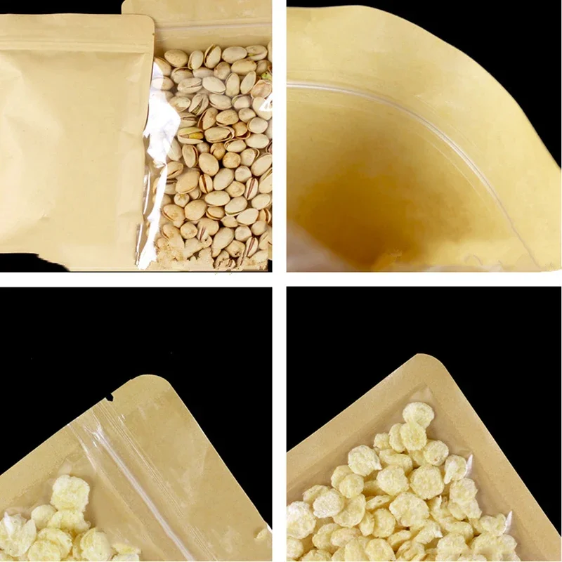 Braune Einseitig Transparente Wiederverschließbare Plastik-Fenster-Kraftpapier-Flachbodenbeutel mit Reißverschluss für Snacks und Lebensmittelaufbewahrung – Detail 5