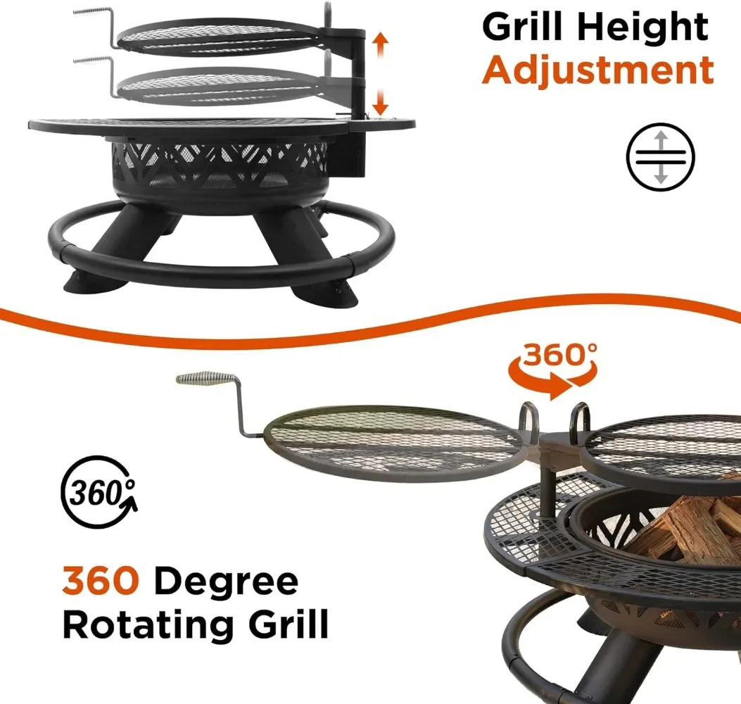 47" Fire Pit Table with Adjustable Grill Top, Safety Ring, Cooking Grate, Steel Wood Burning Fire Pit Table
