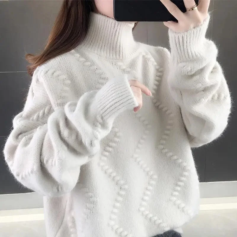 

Winter Lazy Wind Lady Pullover Knitting Korean Female Loose Fit High Collar Sweater Korean Women Long Sleeves Wavy Knit Knitwear