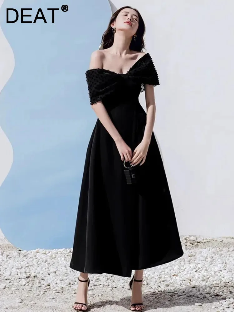 

DEAT Elegant Dress Bowknot Patchwork Slash Neck High Waist Pleated Solid Women's Evening Dresses 2024 Summer New Tide 13DB5149