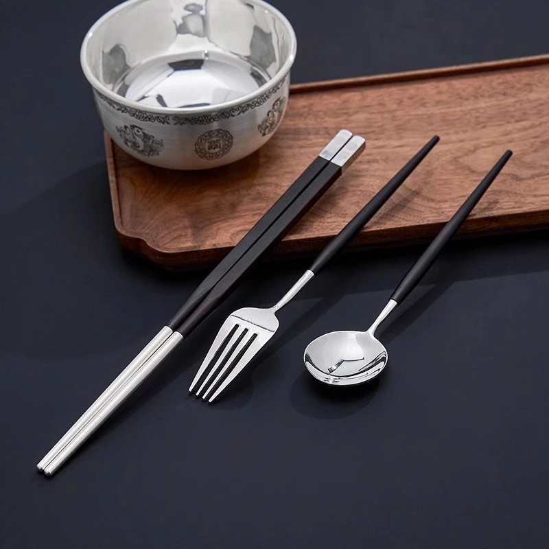 99.9% sterling silver wooden handle chopsticks, spoons, forks, silver tableware three piece set, sterling silver household gift