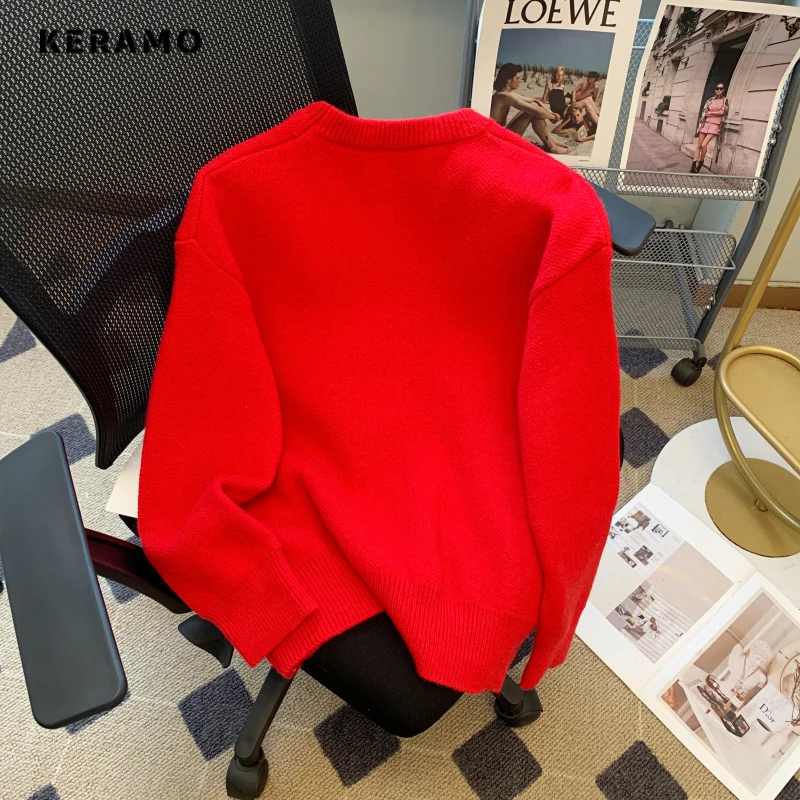 2023 Autumn Winter Casual Knitting Long Sleeve Red Pullovers For Women Vintage Loose Fit Cartoon Print Knitwear Sweater Top