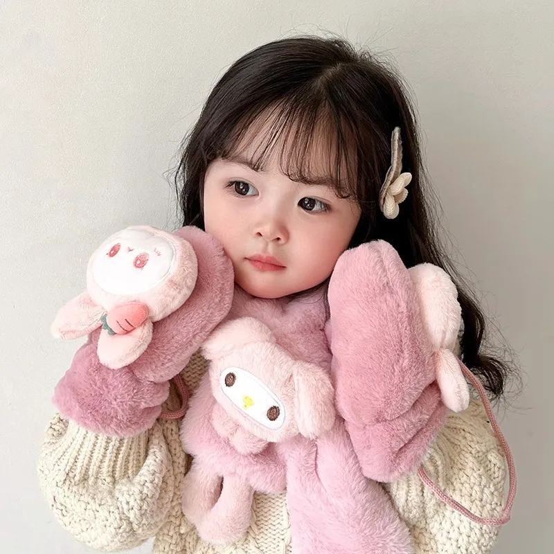 Kuromi Children's Winter Fleece-Lined Thick Warm Lots-o'-Huggin' Bear Fully Enclosed Windproof Frost-Proof Full-Finger Gloves