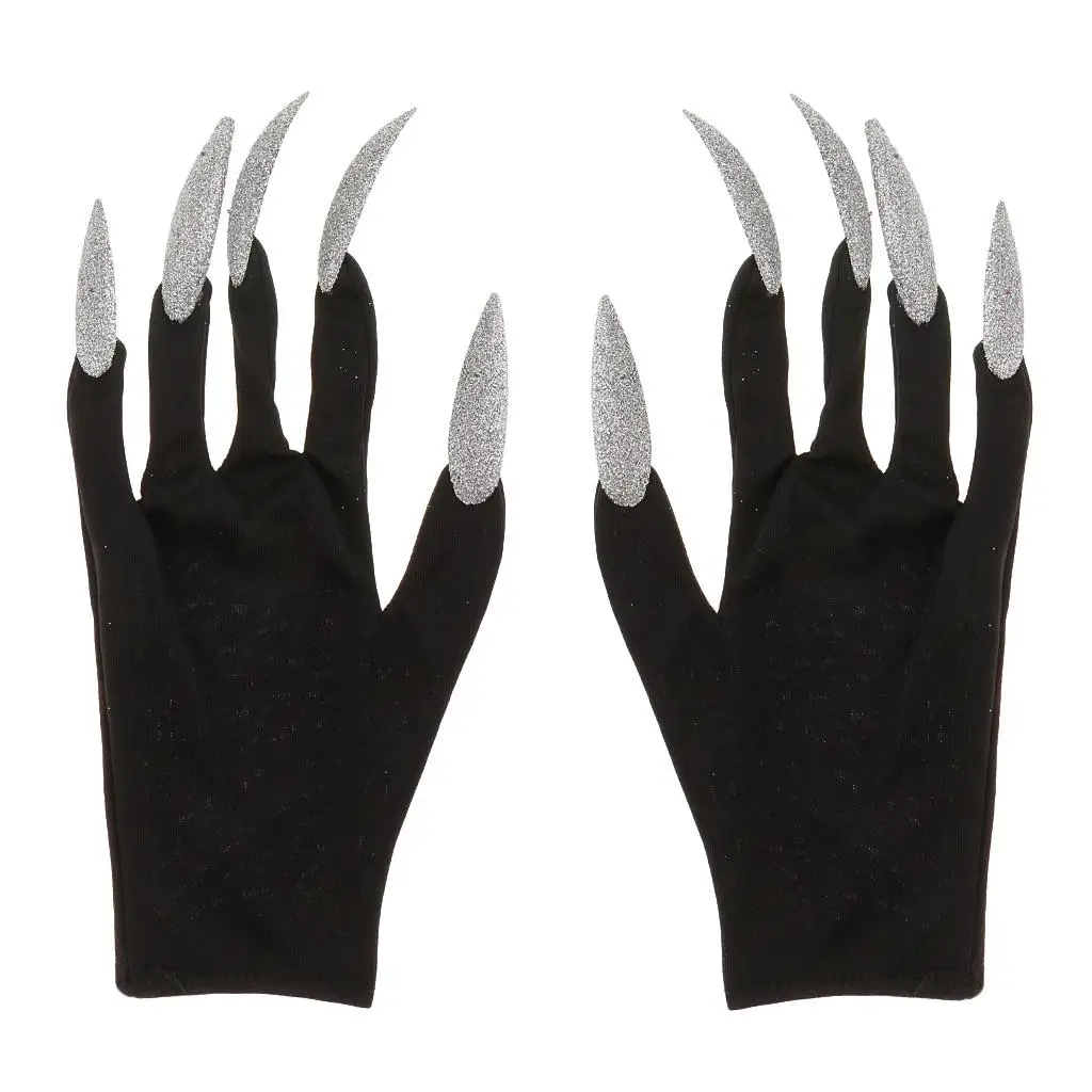 Cosplay Woman Gloves with Long Glitter Nails Scary Halloween Accessories Black Fancy Dress Gloves for Costume Party