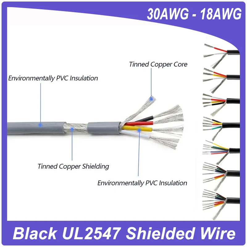 

1-50m Black UL2547 Shielded Wire 30 28 26 24 22 20 18AWG 2-8Core PVC Insulated Channel Audio Headphone Signal Cable