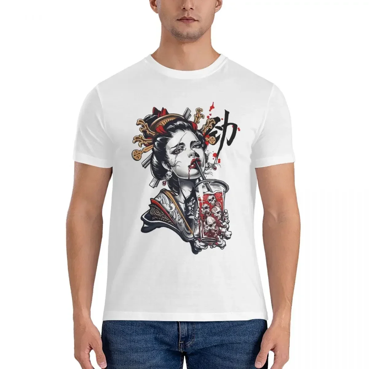 100% Cotton Japanese Geisha Girl Vaporwave Cyberpunk T-shirt Male Classic Oversized T Shirt Men crew Neck Summer Shirts Tops