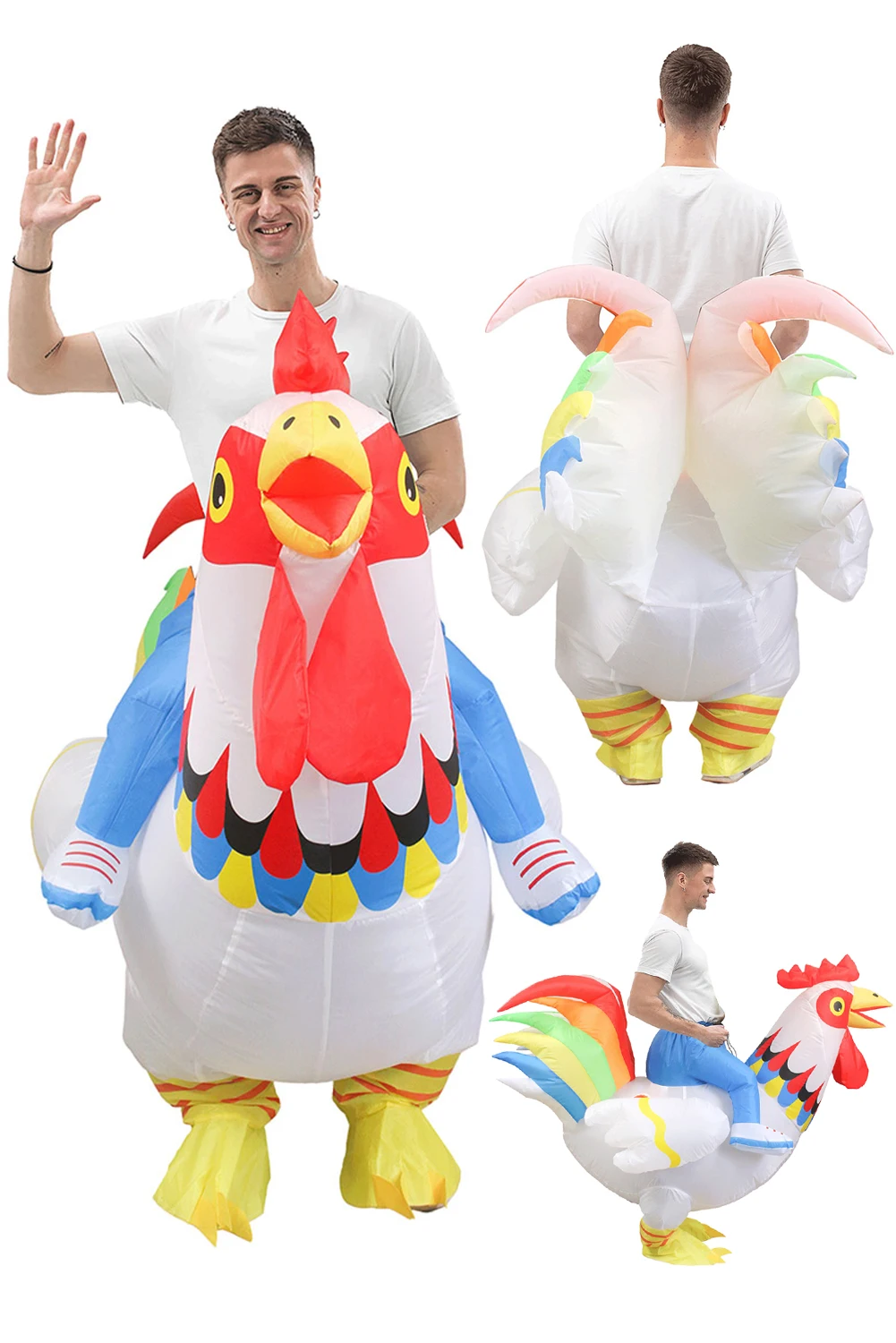 Colorful Rooster Cosplay Costume Inflatable Fancy Full Body Blow Up Clothes Halloween Carnival Party Suit For Female Male Adult