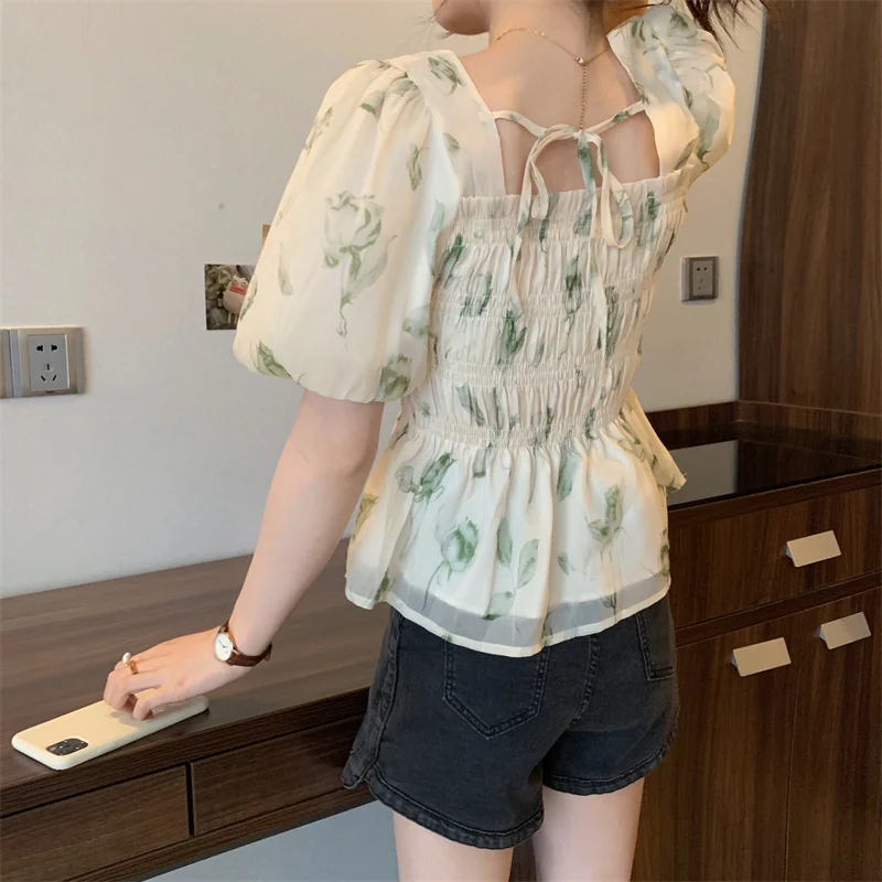 ฤดูร้อนภาษาฝรั่งเศสคําสแควร์คอเสื้อชีฟองแขนฟองดอกไม้พิมพ์เสื้อ Slim หวาน Ruffles Lace Up ผู้หญิงเสื้อ