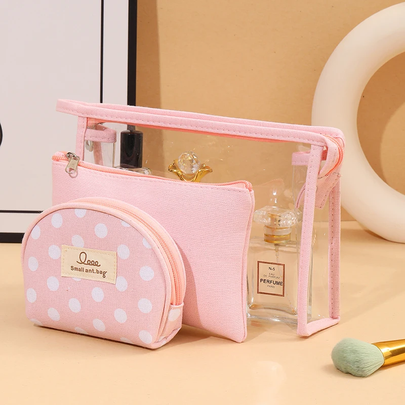 

Polka dot canvas makeup bag Travel portable hand wash bag Ladies' hand-held storage bag Cute Student Wallet