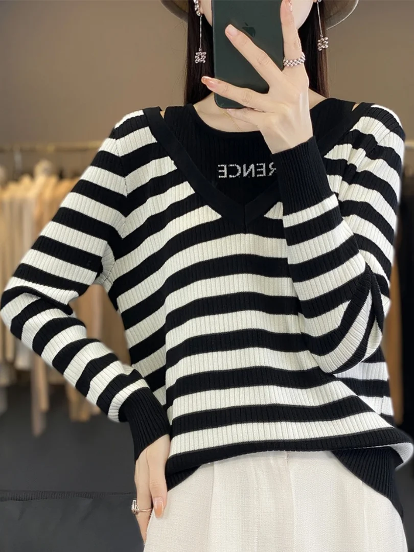 الكورية Sle التخسيس مخطط طويل Sve محبوك قاعدة المحملة المرأة ربيع الخريف حجم كبير غطاء البطن أعلى الفرنسية Sle متوسطة...