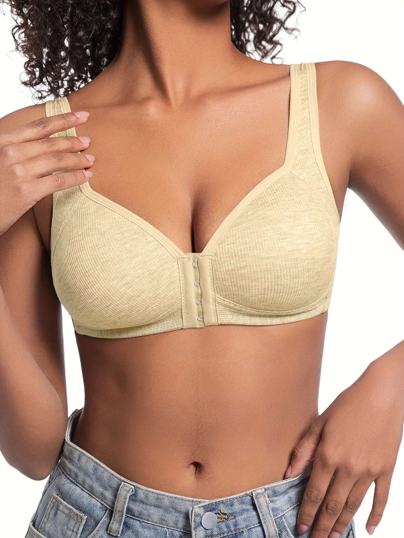 Damen-BH ohne Bügel, Vorderverschluss, einfarbig, vollständige Abdeckung, feste Körbchen, rückläufig für mittlere und ältere Menschen, individuell – Detail 12