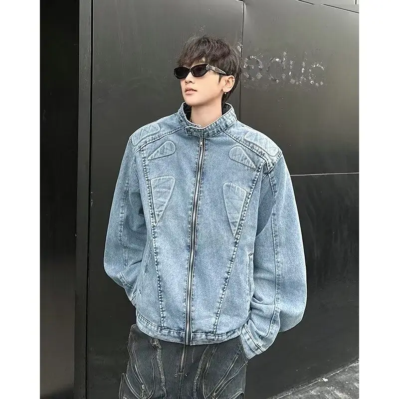 

American Sle Loose Fit Zipper Jaet Men's Autumn Spring Outerwear Straight Hem Denim irt Youth Faion Polyester Cotton ...