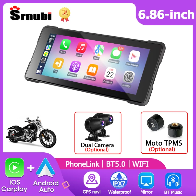 

Srnubi Motorcycle DVR 1080P Front Rear Camera GPS Navigation Wireless Carplay Android Auto Moto Dashcam Dual Bluetooth with TPMS