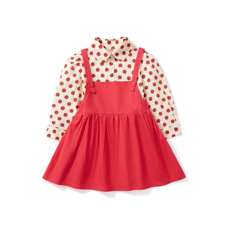 Set Pakaian MDDGirls Kemeja Polkadot Merah dan Rok Suspender Set Dua Potong Kostum Pertunjukan Anak-Anak TK