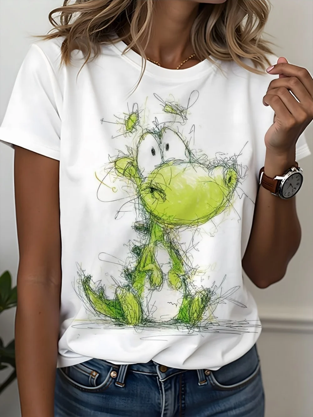 Funny Hand Drawn Cute Animals Printed Woman's Short Sleeved T-Shirts Fun Trendy Tees Crew Neck Top Summer Daily Woman Clothing