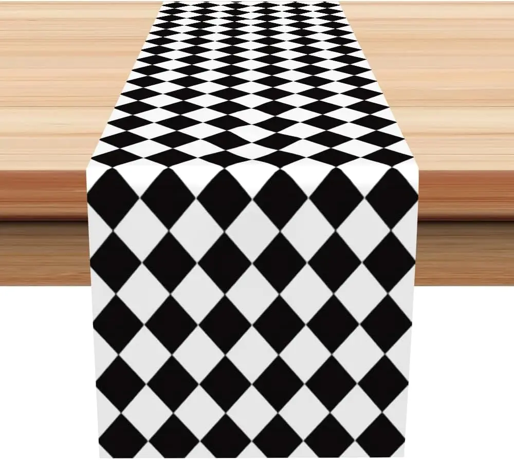 Black White Checker Board Linen Table Runner Dresser Scarves Table Decor Farmhouse Kitchen Dining Table Runner Party Decor