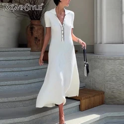 TWOTWINSTYLE Spliced Button Knitted Dresses For Women Lapel Short Sleeve High Waist Hit Color Temperament Maxi Dress Female New