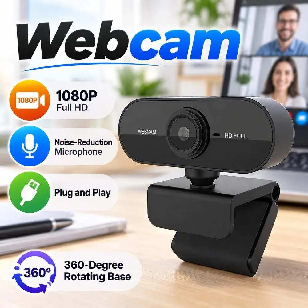 Webcam mini Full HD 1080P/480P com microfone, conexão USB, fácil de usar, para computadores de mesa e portáteis, ideal para videochamadas e transmissões ao vivo. ﻿