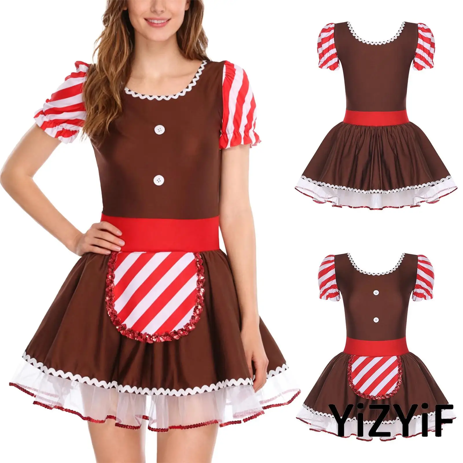 

Women Gingerbread Man Dress Boat Neckline Puffy Short Sleeve Wave Braided Tape Trim Christmas Dress Santa Helper Cosplay Costume