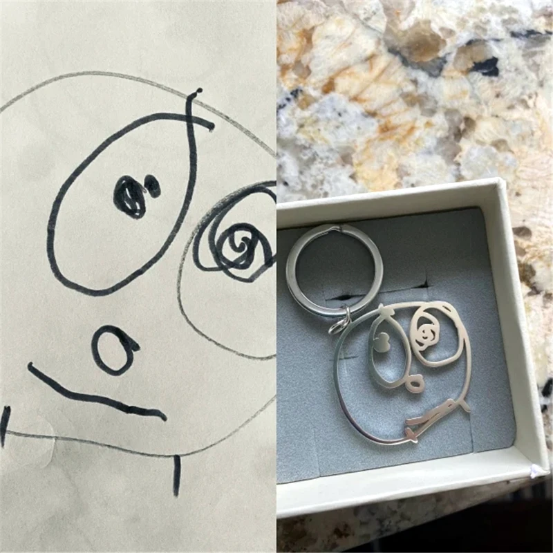 Custom Kids Drawing Keychain Stainless Stee Personalized Children Artwork Pendant Keyring for Kids Mom Family Jewelry Gifts