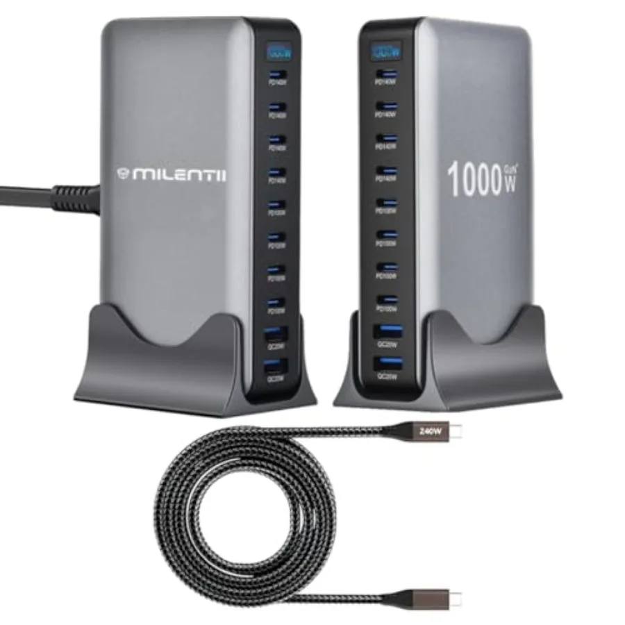 

Новинка 2026: Модернизированная настольная зарядная станция GaN Pro 1000 Вт с 10 портами (8 USB-C и 2 USB-A) для быстрой зарядки нескольких устройств высокой мощности