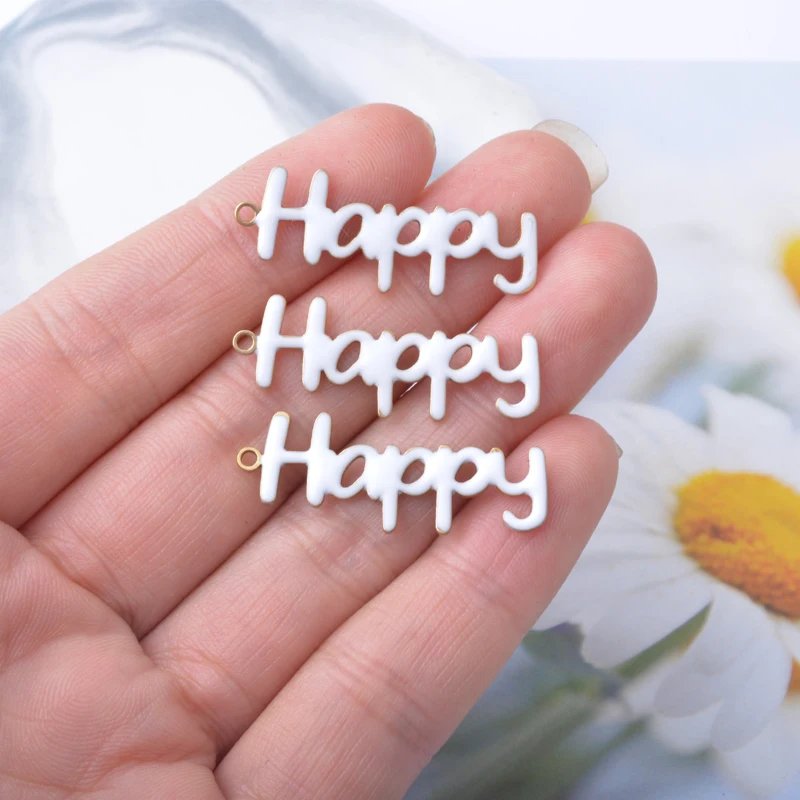 10 Stück Kupfer-Anhänger in Form von Buchstaben „Happy“ mit beidseitiger Emaillebeschichtung, Öltropfen-Optik, für DIY-Schmuckdekoration. – Detail 5