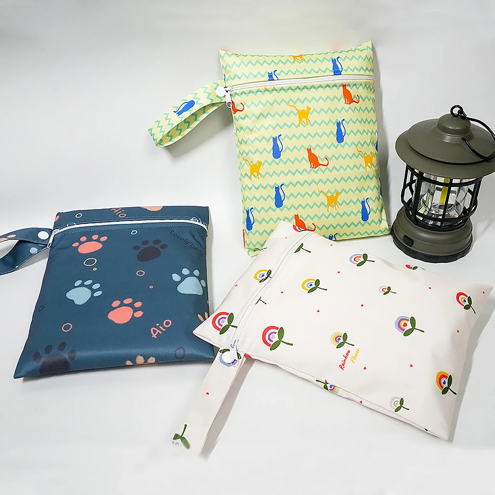 3pcs Waterproof Diaper Bags Bear Fox Rainbow Print Washable Menstrual Pouch Portable Handle Bags Swimsuits Wet Bag for Travel