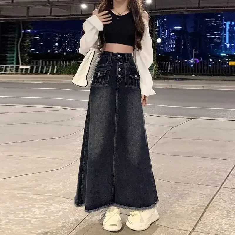 Vintage Women High-Waisted A- Line Denim Skirt For Women New Spring-Summer Design Slimming Straight-Leg Long Dress