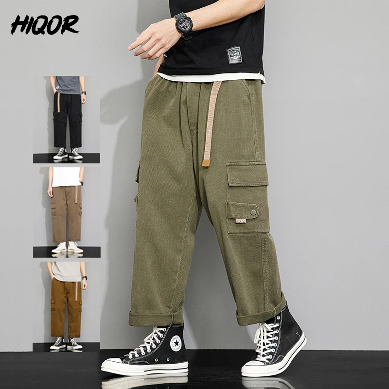 

HIQOR Summer Cotton Cargo Trousers Men Sweatpants Casual Multi Pockets Loose Straight Overalls Male New In Cargo Baggy Pants Man