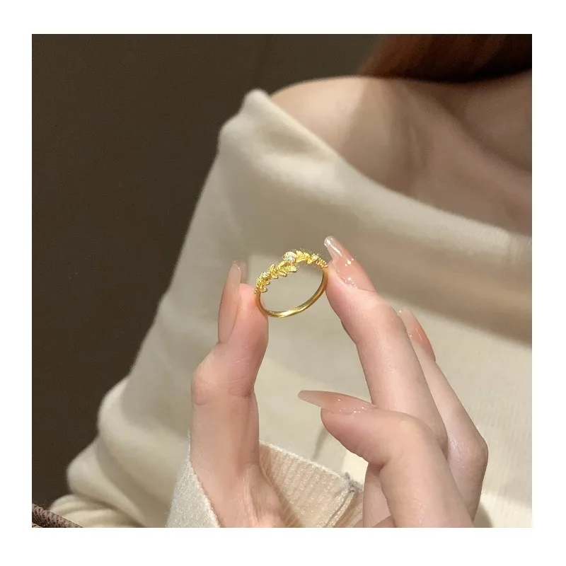 

The Same Gold Bay Leaf Ring Female Retro New Chinese Leaf Zircon Opening Adjustable Index Finger Ring