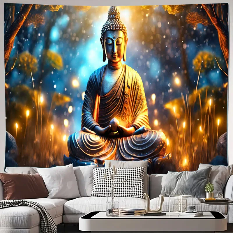 Buddha Meditation Forest Light Spirit Wall Tapestry Machine Washable All Season Decor Art Print Zen Spiritual Design Home