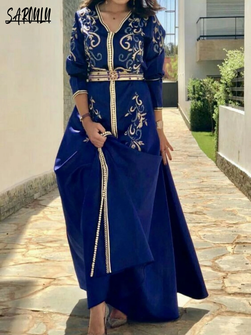 

Chic V-neck Evening Dresses Blue A-line Long Sleeve Bridal Dress Caftan Muslim Appliques Floor-length Gown Robe De Mariée