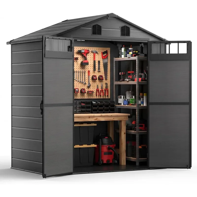 6 x 4.5 FT Outdoor Plastic Storage Shed with Floor Lockable Double Doors Louvered Window Weather-Resistant Garden Shed for
