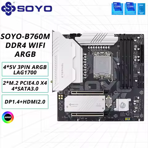 SOYO B760M D4 WiFi DDR4 LGA 1700 Intel B760 M-ATX Motherboard 2* M.2 PCIe 4.0 Type-C WiFi6 ARGB USB3.2 For 12/13/14th processor