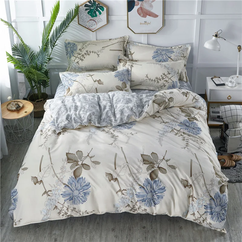 Botanical Floral Duvet Cover,4PCS Set,Chrysanthemum Pattern Comforter Cover,Microfiber Farmhouse Flower Leaves Bedding Set King