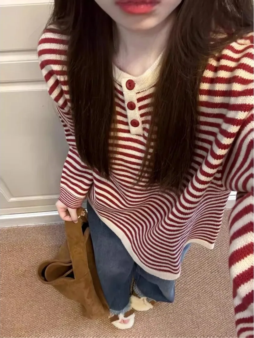 

2026 New Red Striped Knit Sweater Loose Lazy Style Long Sleeve Women's Top Early Autumn Korean Fashion Loose Fit round Neck